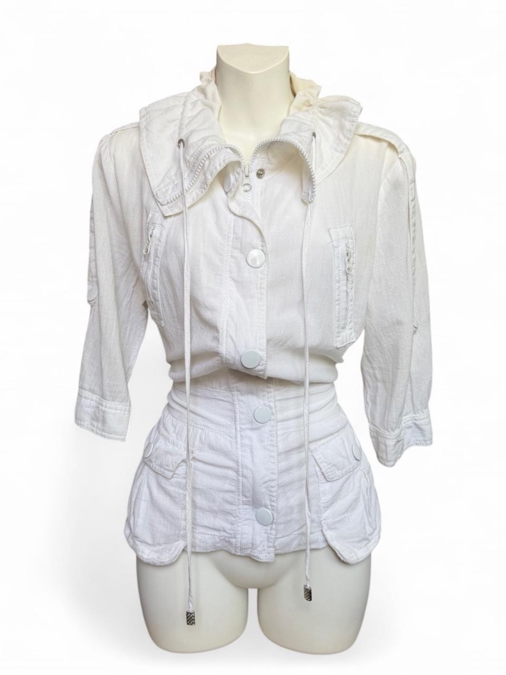 White Utility Jacket with Drawstring Waist